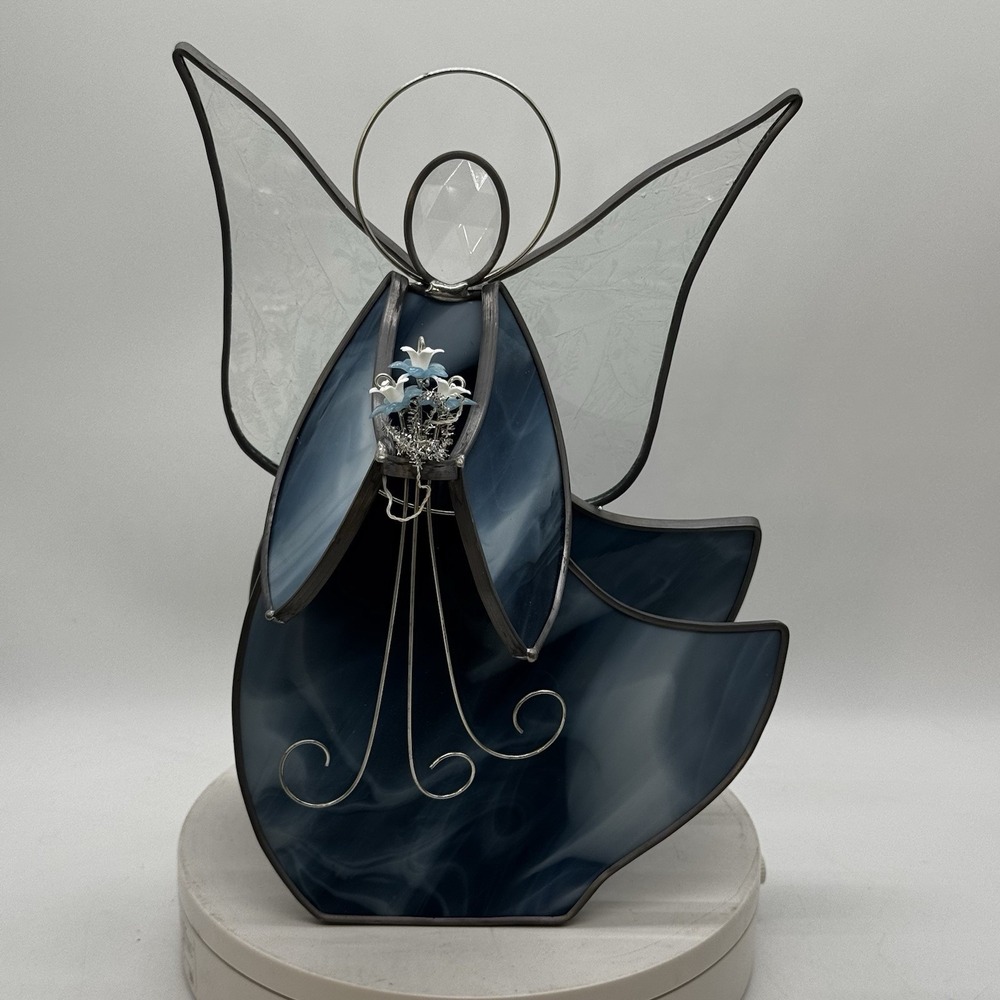 Stained Glass 11" 3D Christmas Angel Holding Flowers Bouquet Blue Candle Holder